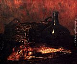 A Still Life With A Fish, A Bottle And A Wicker Basket by Antoine Vollon